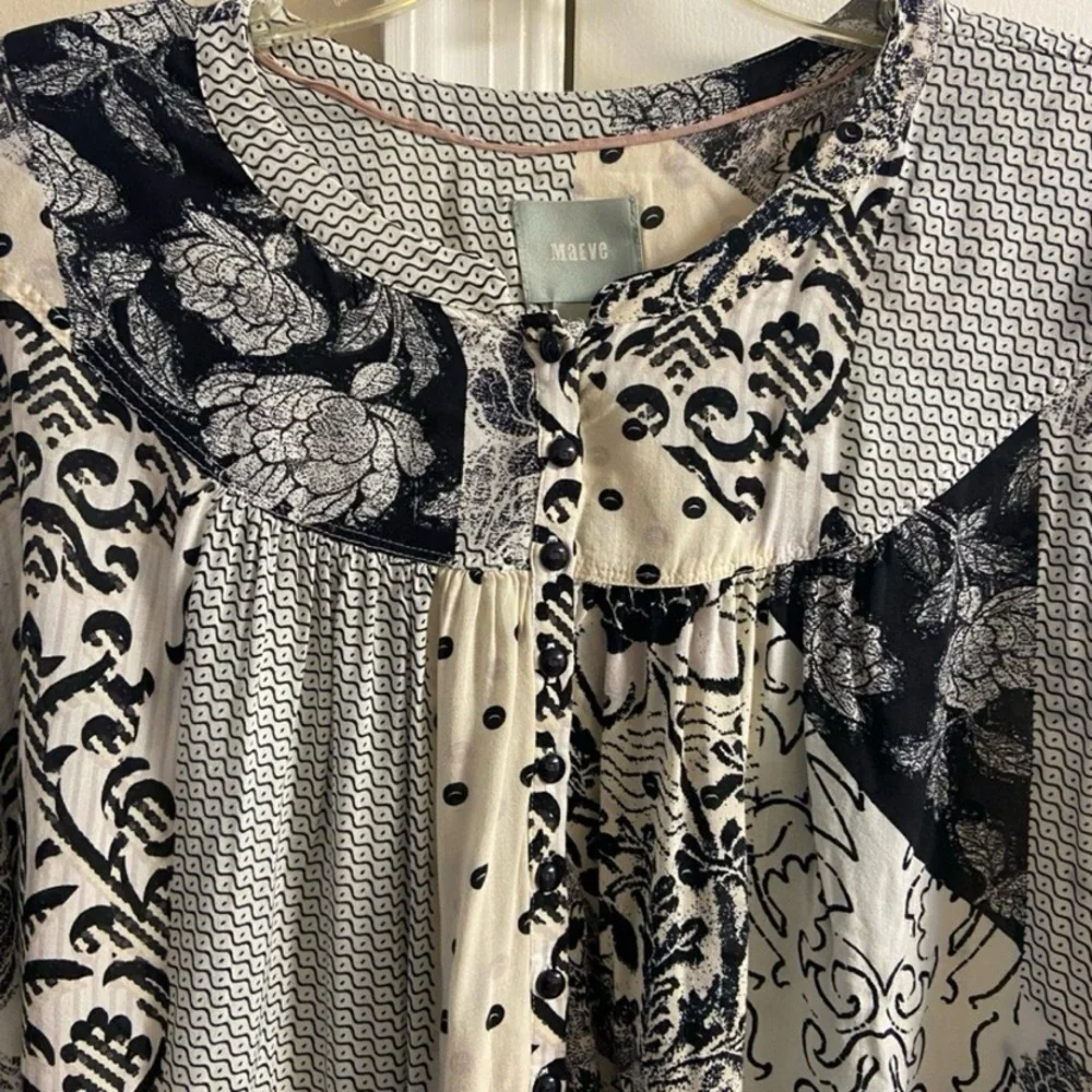 Anthropologie maeve linden Black and Cream Patterned Blouse Large - Picture 3 of 8